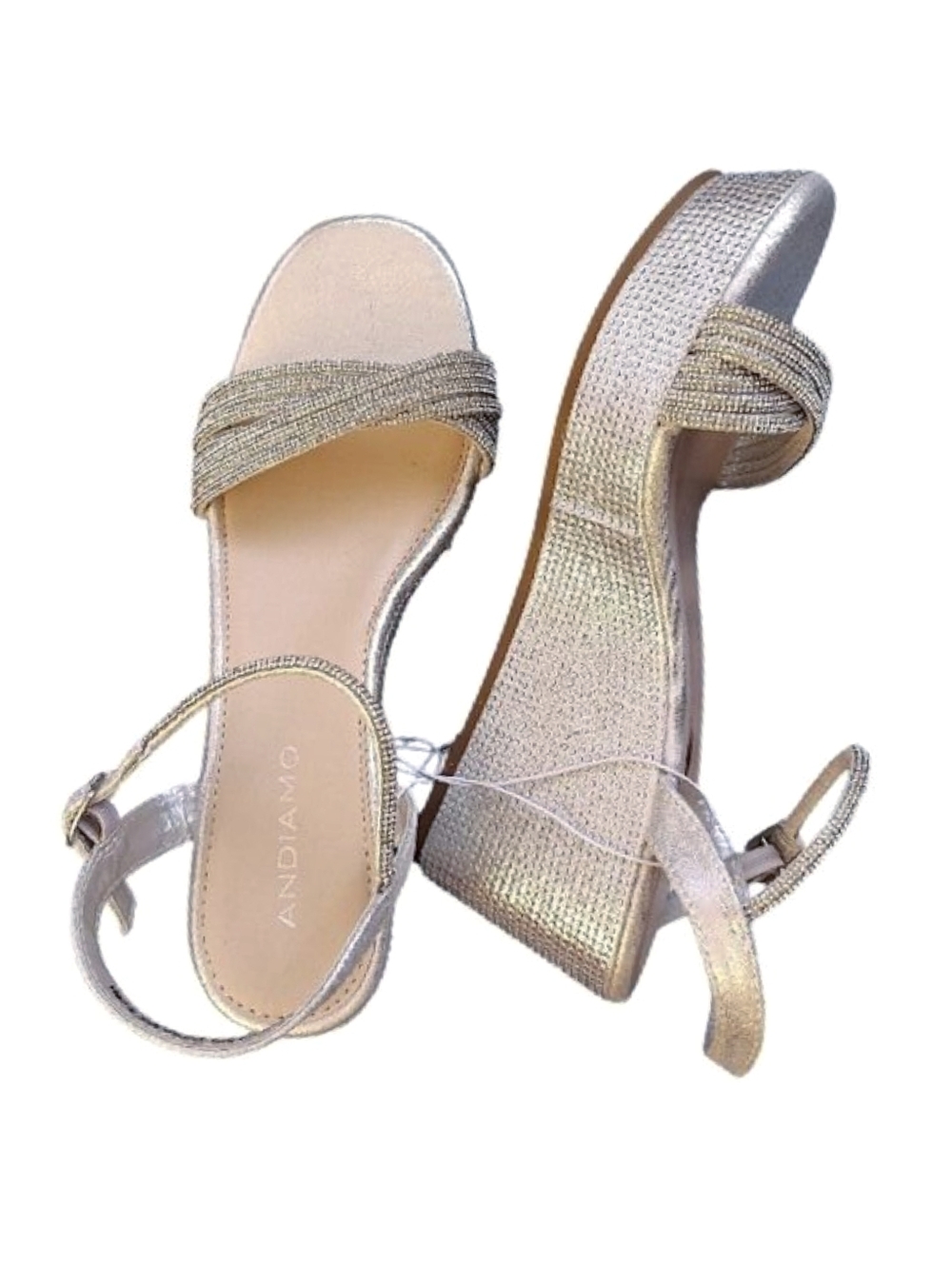 Andiamo Sparkly Silver Twist Front Strappy Ankle Wedge Sandals SZ 8 NWOT